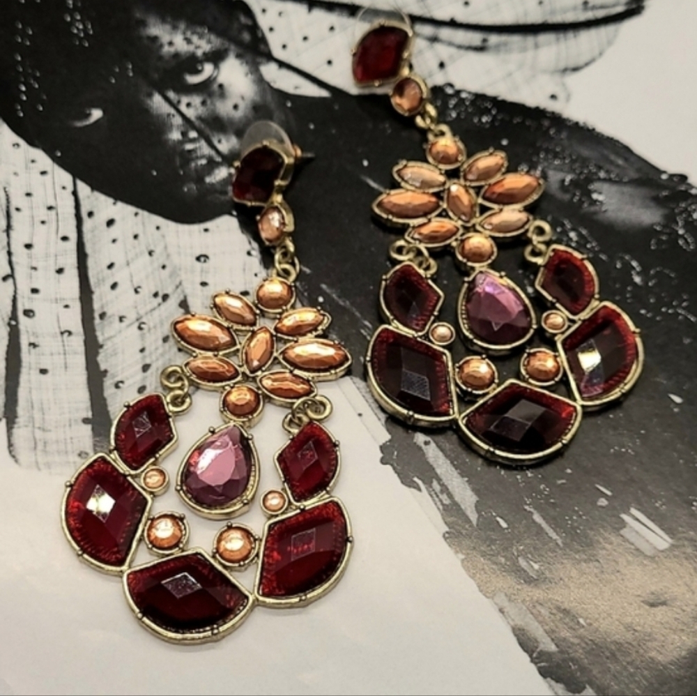Vintage Exaggerated Red Crystal Gemstone Chandelier Gold Drop Earrings